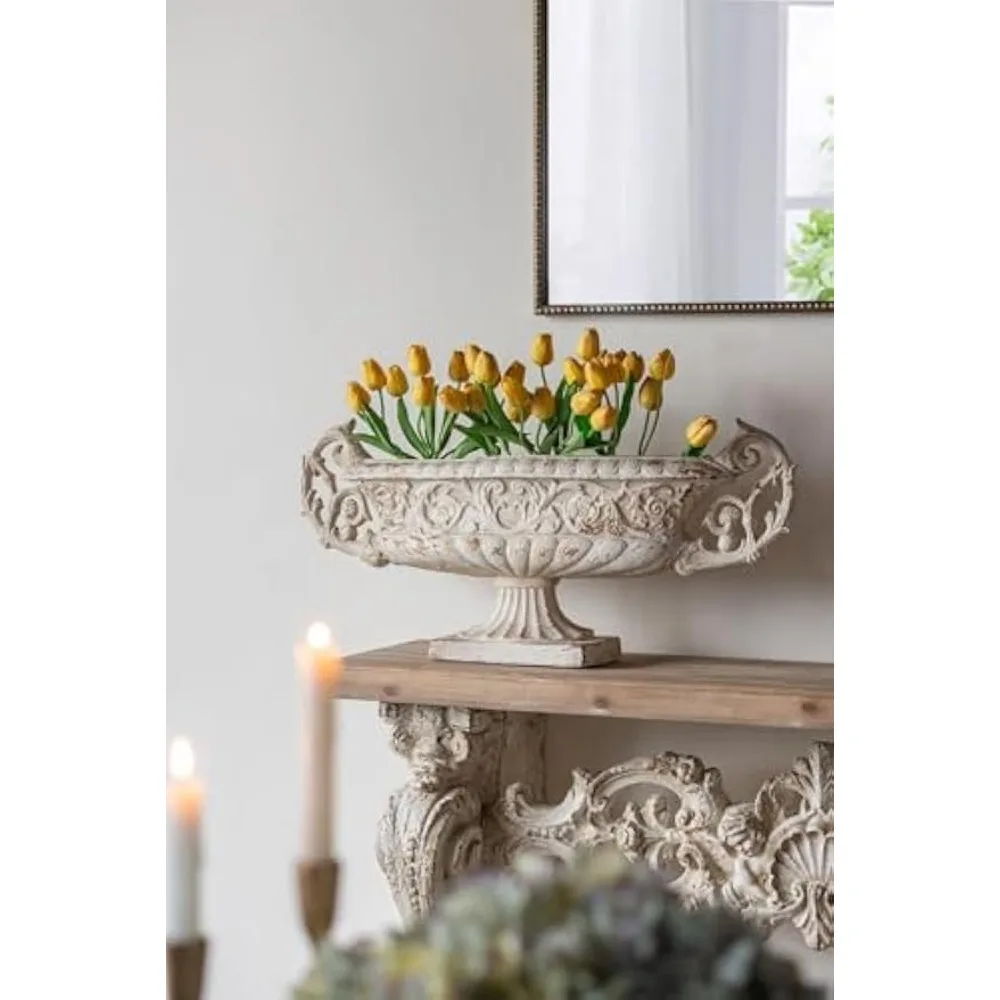 

Magnesium Urn Planter with Handles, Vintage White Decorative Centerpiece, Rustic Indoor Outdoor Flower Pot, Wide Ornate Garden U