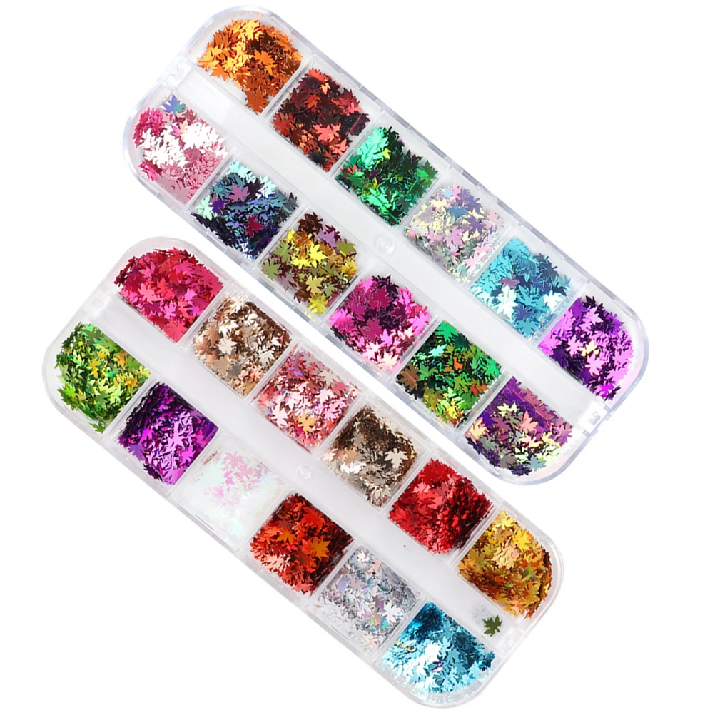 2 Boxes Maple Leaf Manicure Sequin Colored Glitter Nail Art Natural Artificial Nails Decoration Portable Nail Art Supplies