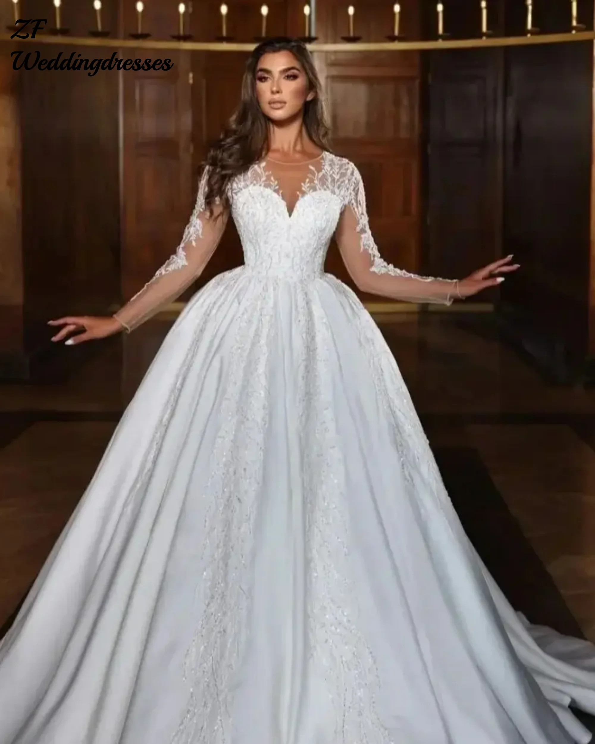 Customized Customized Wedding Dresses Illusion Sleeves Sweetheart Lace Appliques Evening Party Gown  Sweep Train Vestido De Noiv
