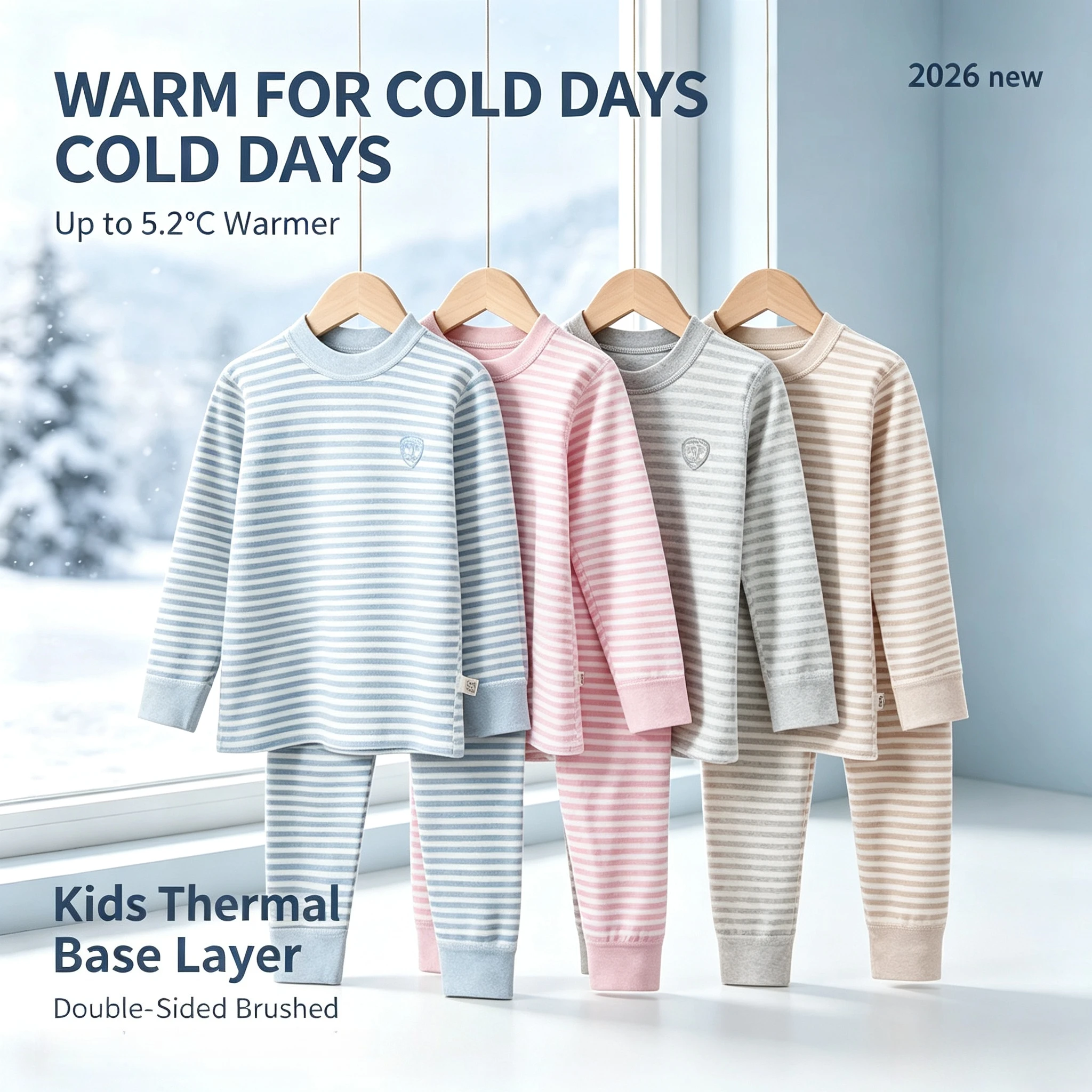 Kids Cotton Thermal Underwear Set Mock Neck Striped Base Layer Anti-pilling Sleepwear for Boys Girls Autumn Winter Base Layer