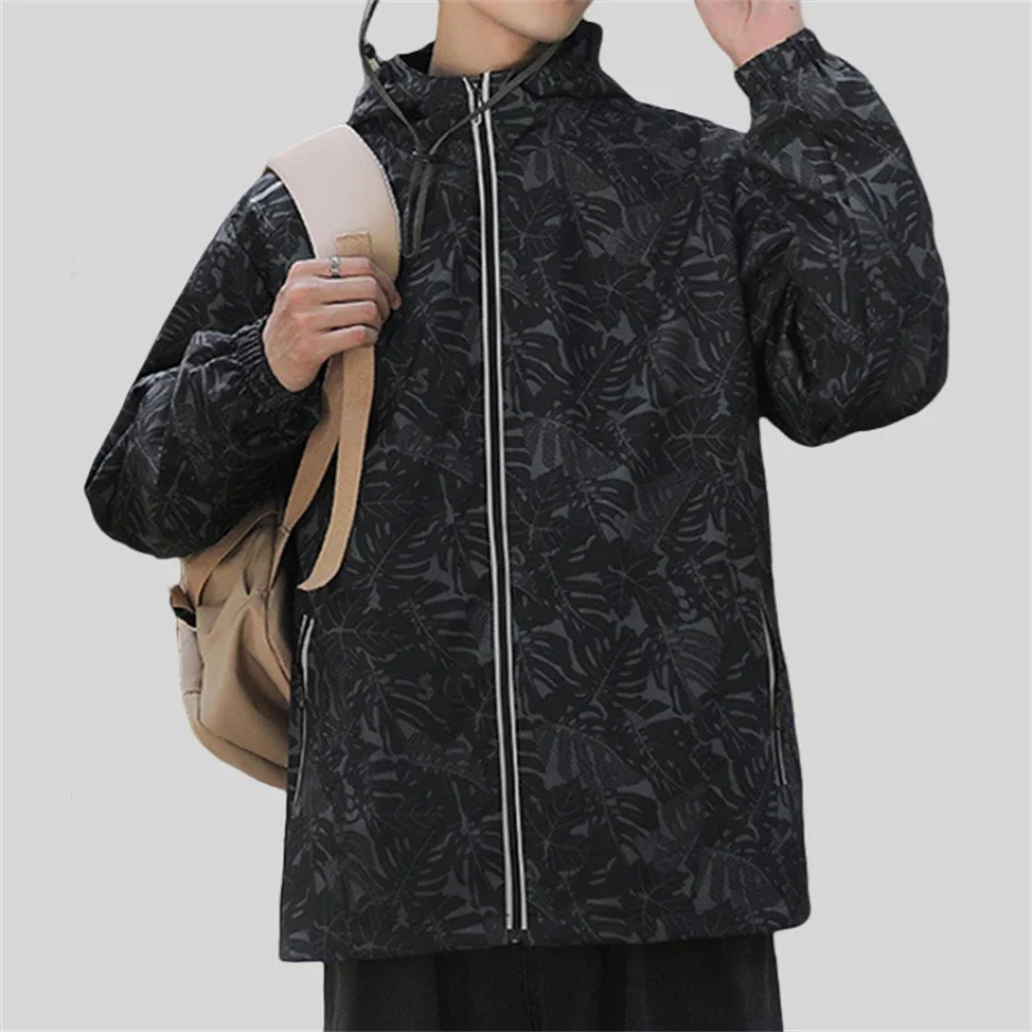 

Plus Size Leaf Print Jackets Men Couple Windbreaker Jackets Mens Loose Casual Hooded Jacket Coats Breathable Men Clothing 5XL