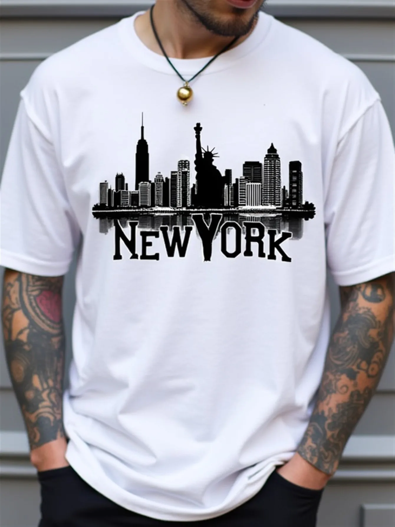 Men's NYC Skyline T-Shirt - Empire State & Statue of Liberty Graphic Tee, 180gsm Breathable Cotton Crew Neck Short Sleeve Shirt with NYC Silhouette Design, New York City Apparel for Dad, Boyfriend, & Father's Day Gift
