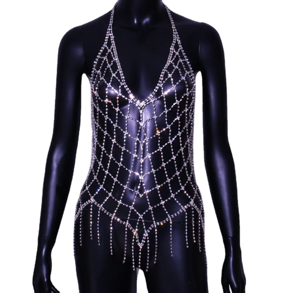 

Long Rhinestone Grid Camis Tops Women Bling Diamonds Tassel Backless Vest Women Chest Chain Dance Show Costume Sexy Body Jewelry