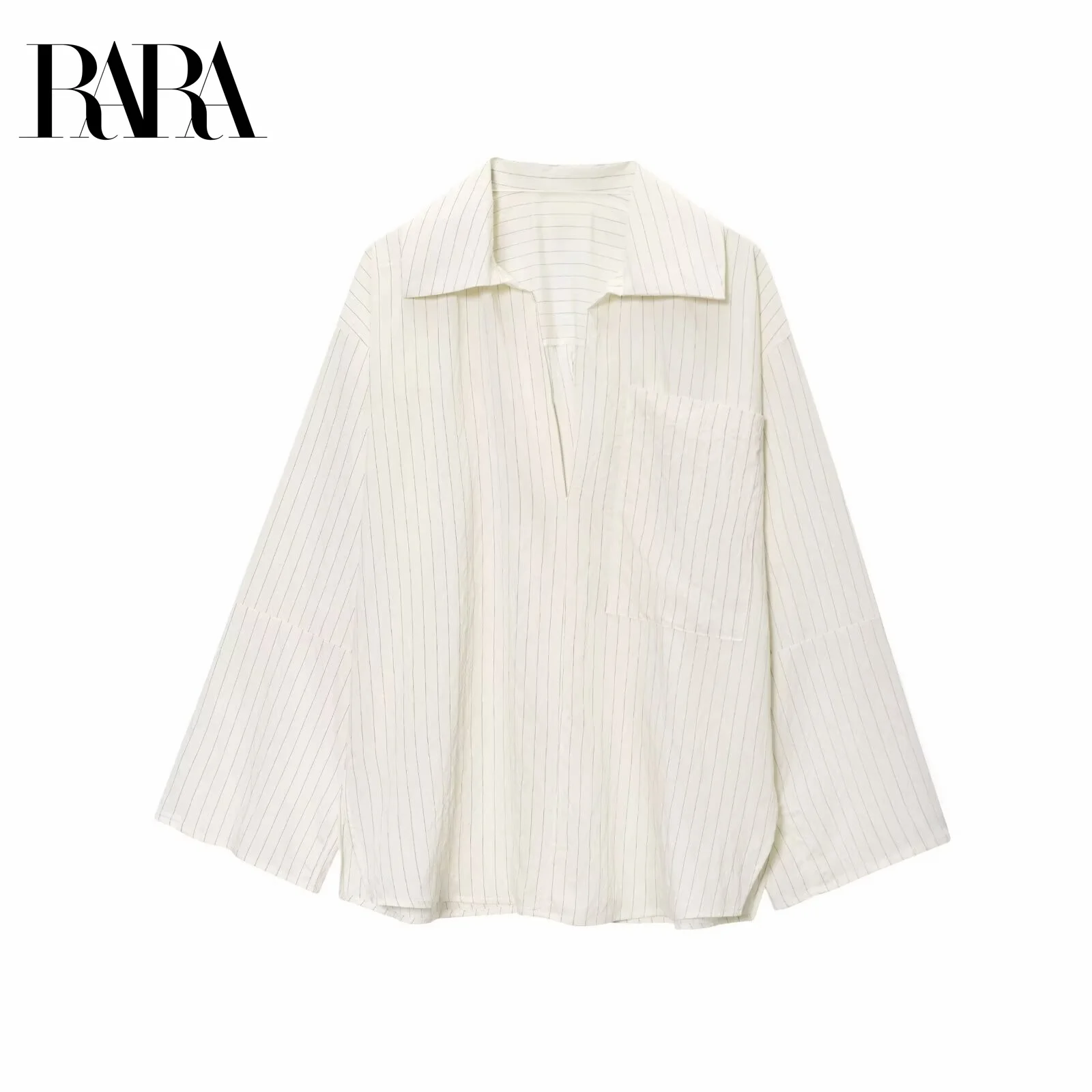 

RARA Women's Summer New Big Pocket Decorated Casual Loose V Neck Long Sleeve Striped Shirt Side Hem Slit Design