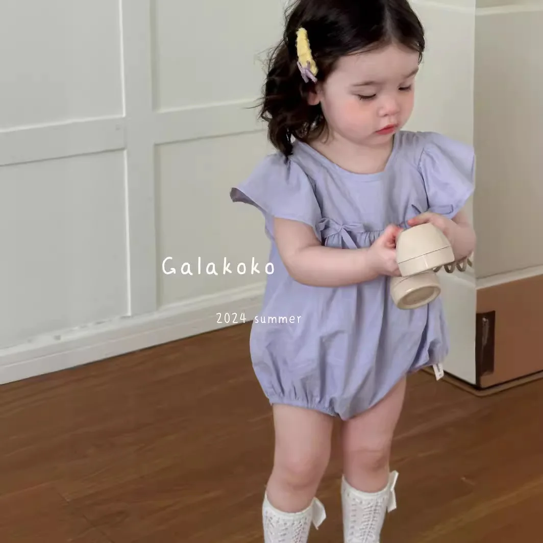 

Flying Sleeve Bow Purple Rompers Sweet and Cute Summer All-match Simple Solid Color Casual Comfortable Rompers