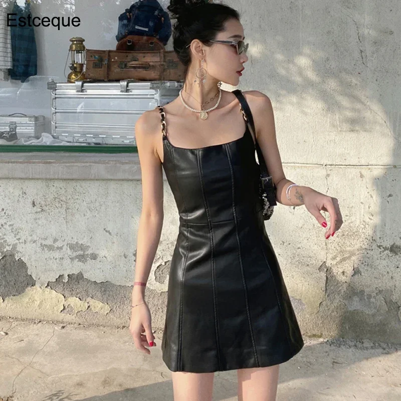 2025 New Chain Spaghetti Black Strap Dress for Women Sexy PU Leather Dresses Biker Mini Woman Bandage Dresses Female