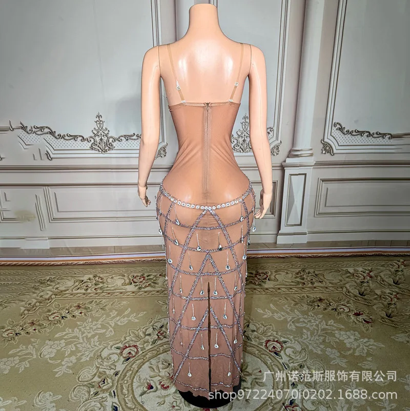 Temperament Naakt Luxe Strass Hoogtransparante Jurk Jaarvergadering Gastheer Jurk Volwassen Model Catwalk Trendy Kleding Vestidos
