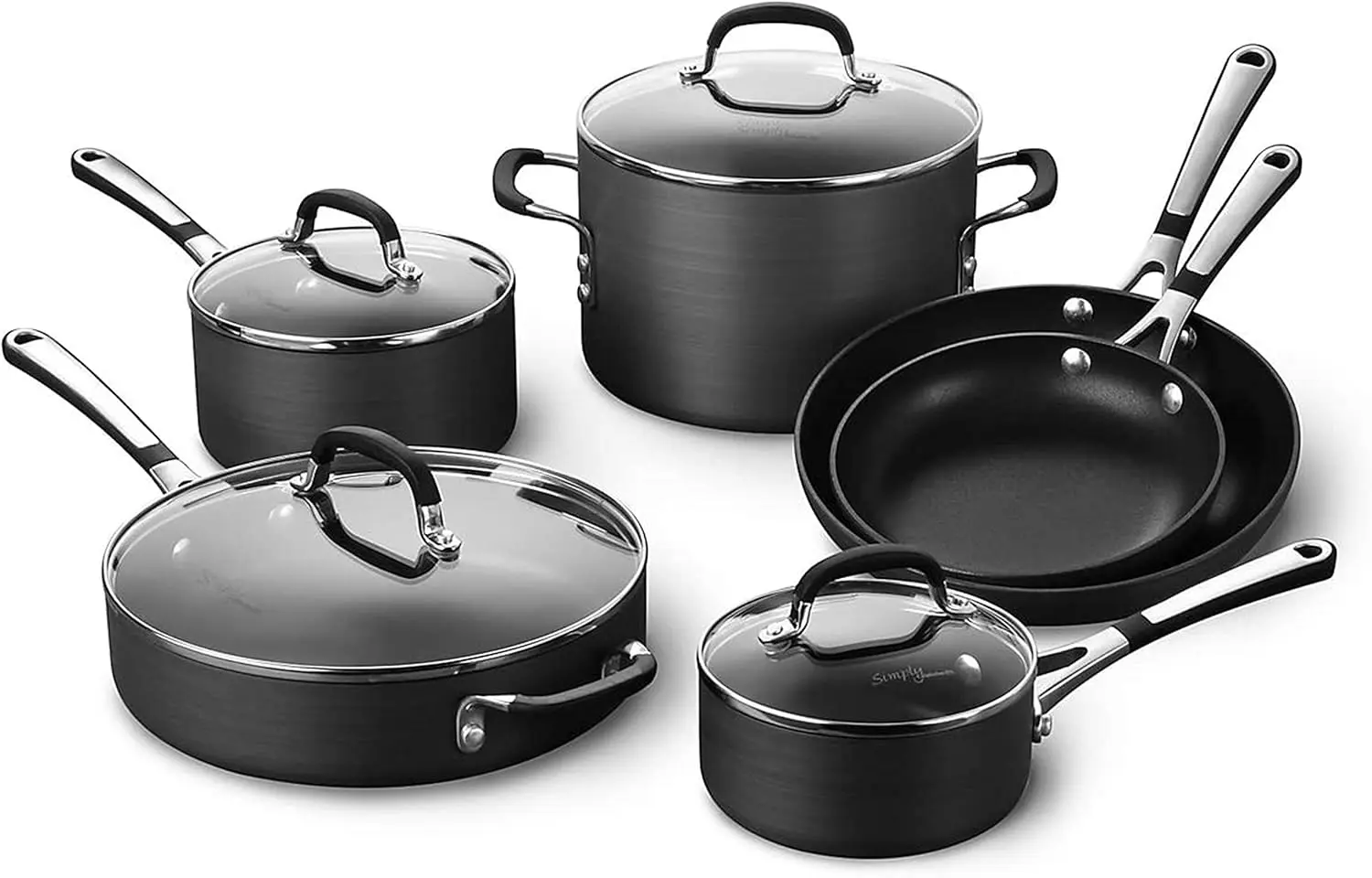 10-Piece Non-Stick Kitchen Cookware Set, Black Pots & Pans with Stay-Cool Stainless Steel Handles