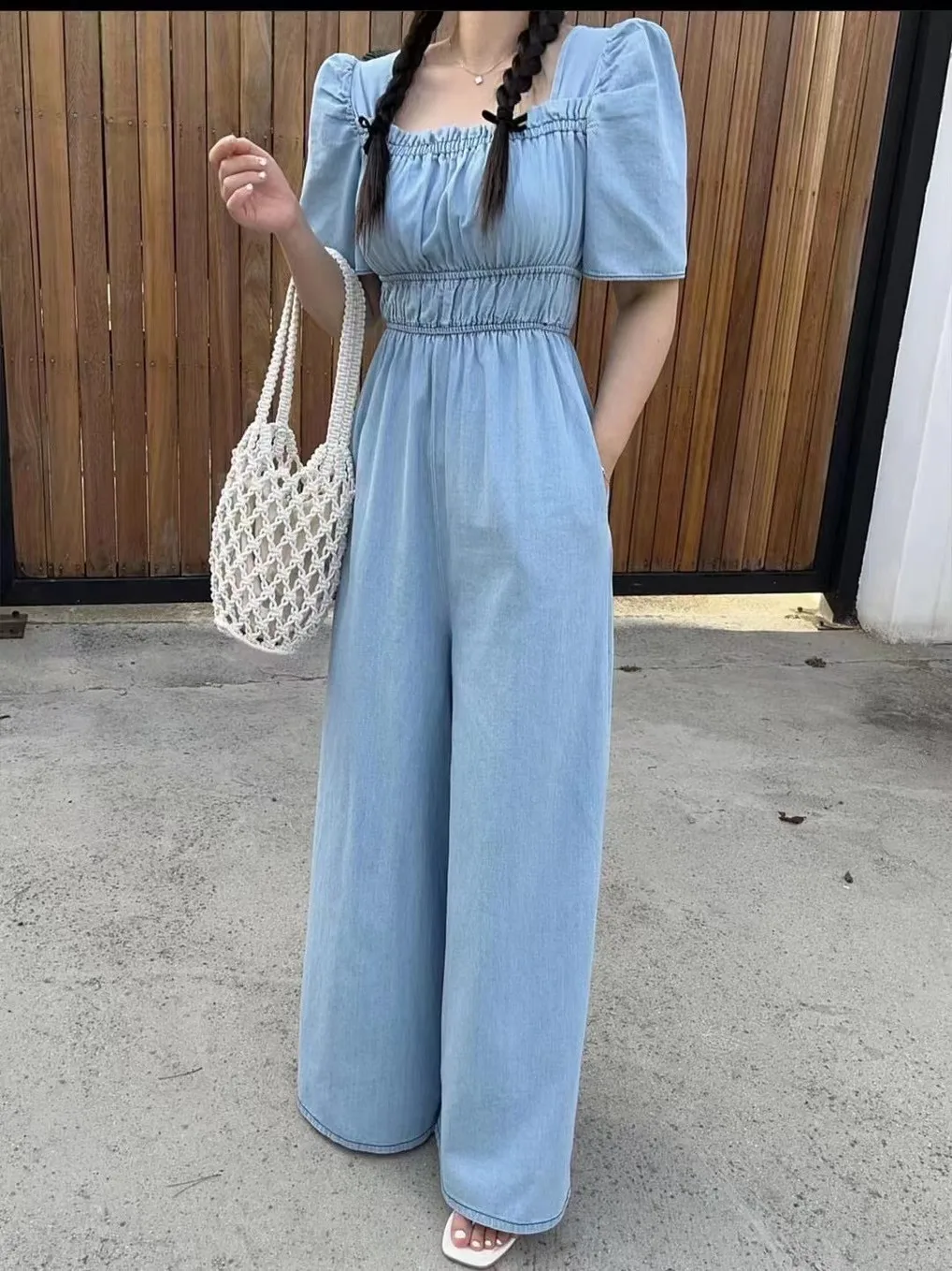 

Slimming Bubble Sleeve Denim Jumpsuit Women's Collar Pleated Bust Loose Wide Leg Straight Long Pants Trendy Casual Cotton