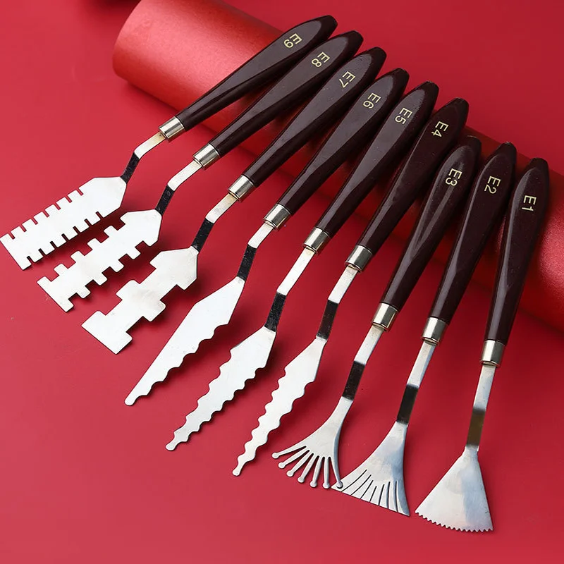 9pcs Oil Painting Knife Myotome Profiled Knife Wood+stainless Steel Acrylic Paint Scraper Serration Palette Knife