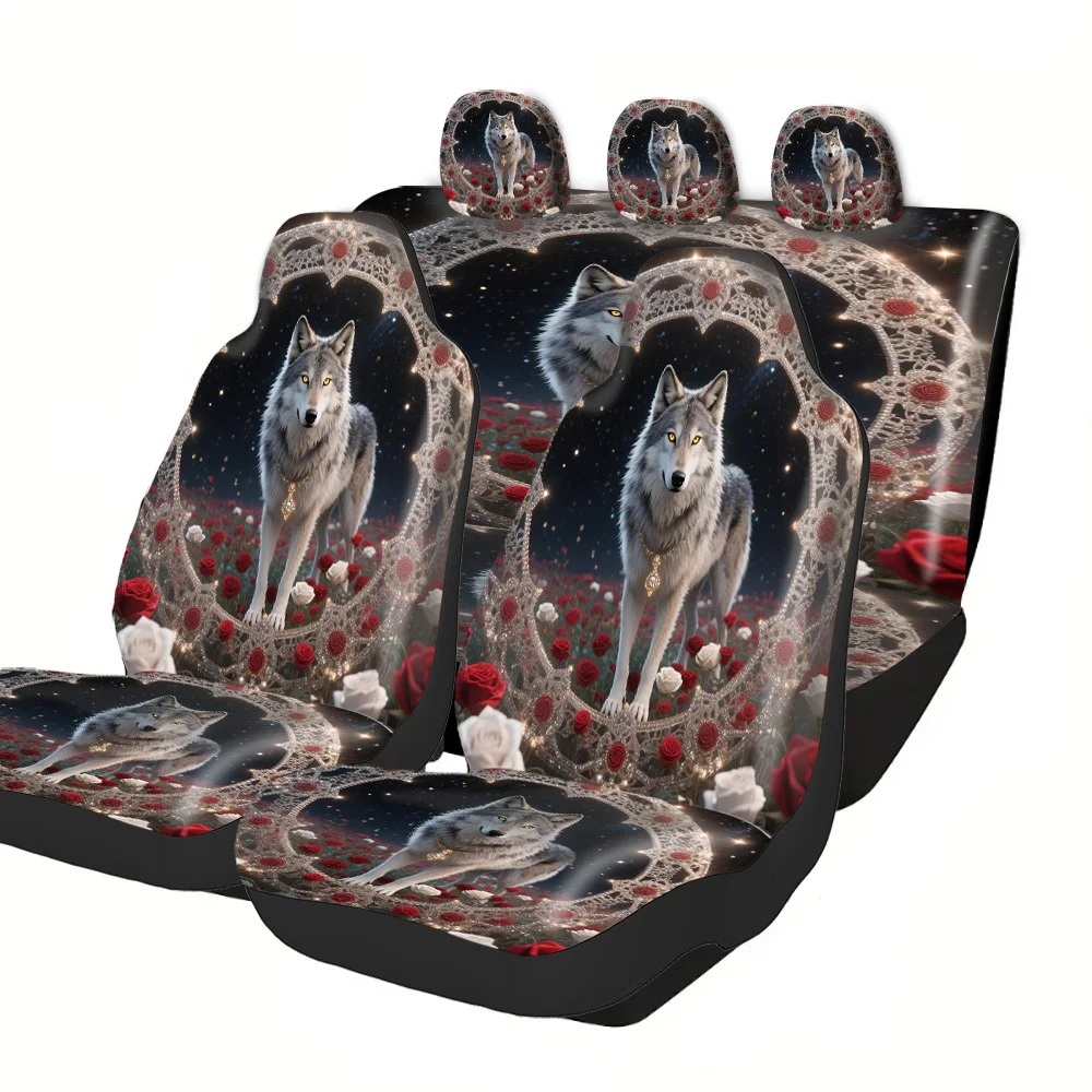 Trendy Printed Car Seat Covers With Halloween Christmas New Year Easter Themes Wolf Circular Frame Roses Design Premium Material
