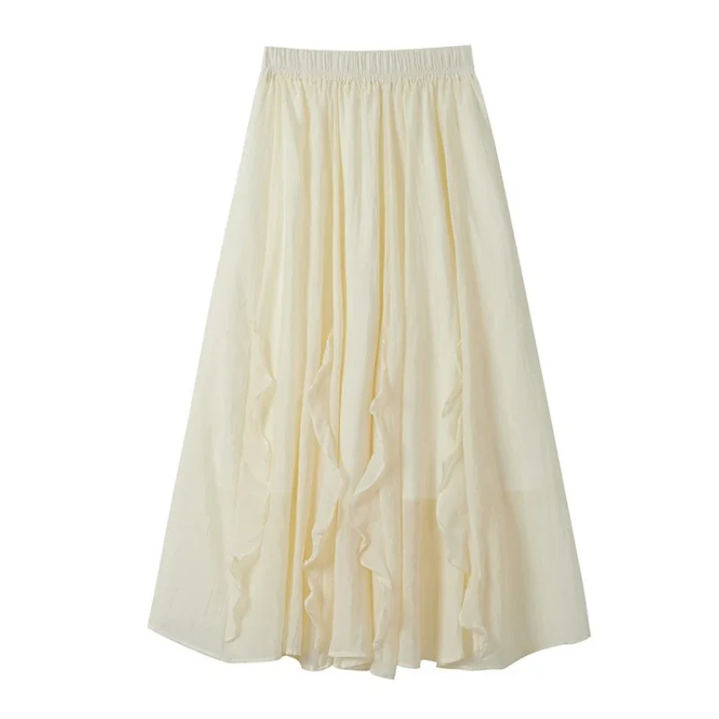 

2025 New Women's Elegant A-Line Skirt Summer Elastic High Waist Lotus Leaf Edge Decoration Solid Color Skirts