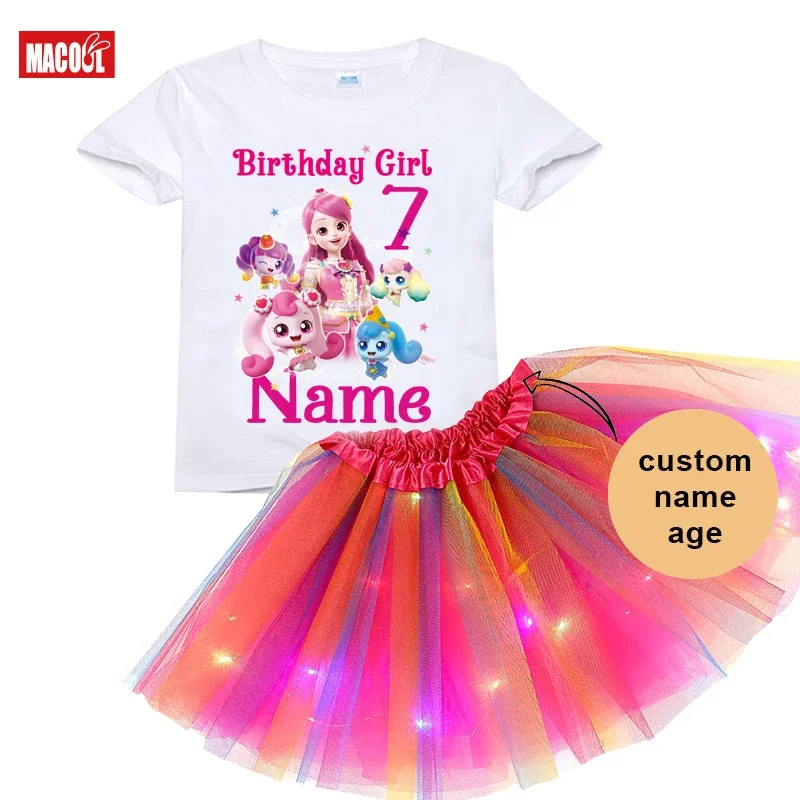 Girls Birthday Tutu Set Catch Teenieping Dress 5 Years Birthday Party Tshirt Custom Name Kids Suit Baby Girl Outfit Light Skirts