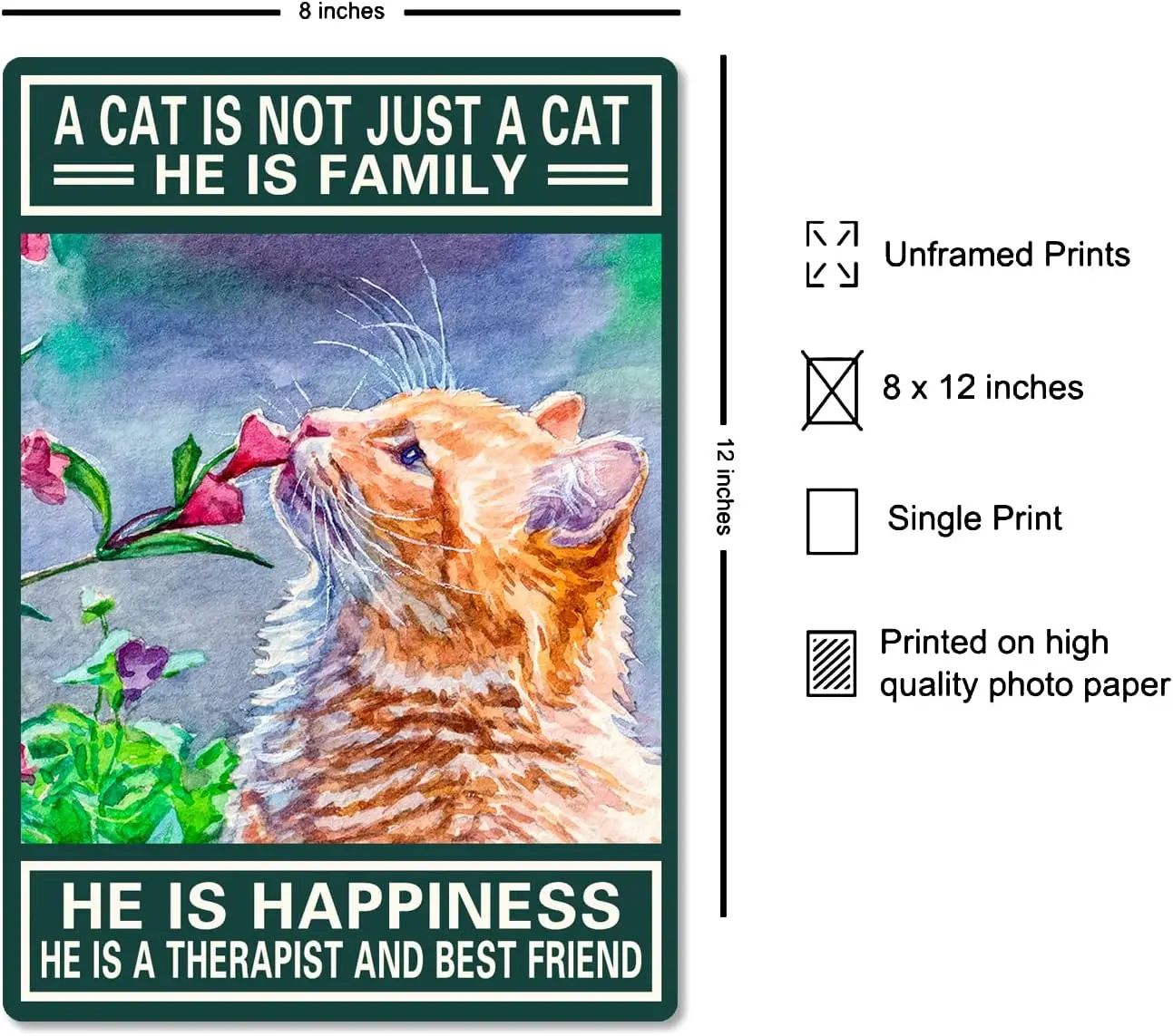 A Cat Is Not Just A Cat He Is Family Happiness Sign Metal Tin Signs, Vintage Cat Sniffing Flowers Art Poster Plaque Kitchen Home