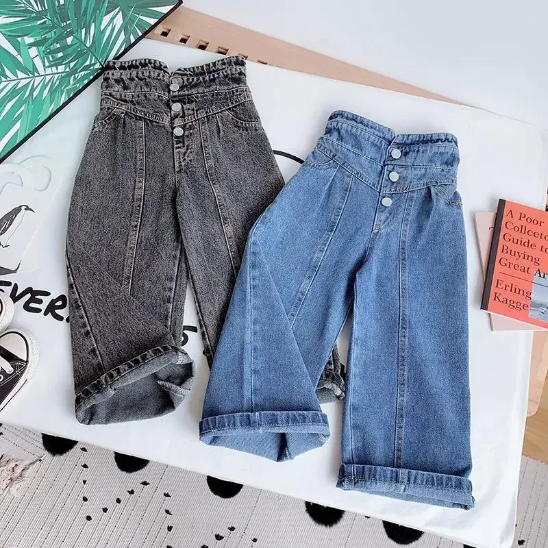 Abbigliamento per bambini Pantaloni per bambina per bambini Pantaloni in denim per neonati con jeans a vita alta Pantaloni a gamba larga per bambini a gamba dritta