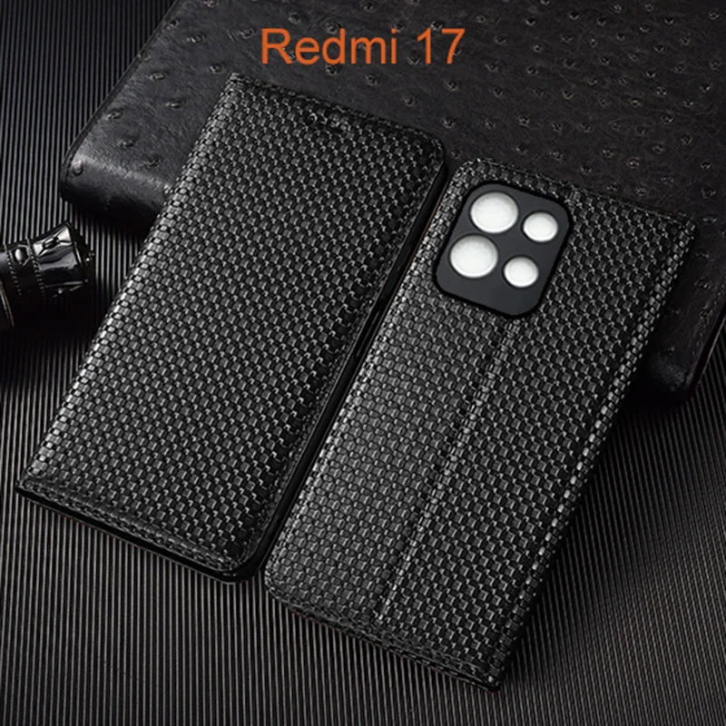Чехол-книжка из натуральной кожи Grass Mat для телефона Xiaomi Redmi 17 17C с отделениями для карт, устойчивый к царапинам.