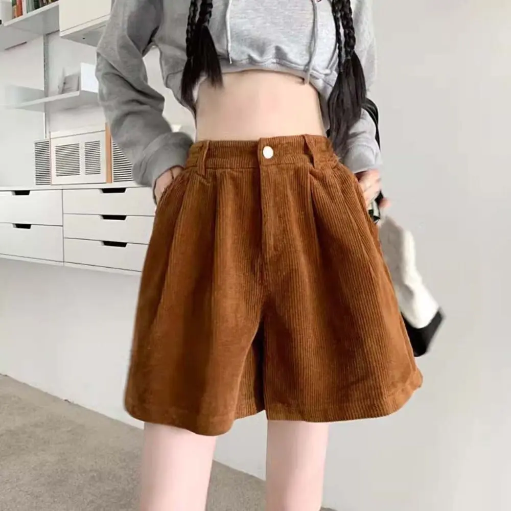 

Soft High Waist Women Corduroy Shorts Elastic Stripe Wide Leg Short Pants Two Pockets Large Size Loose Streetwear Autumn Winter