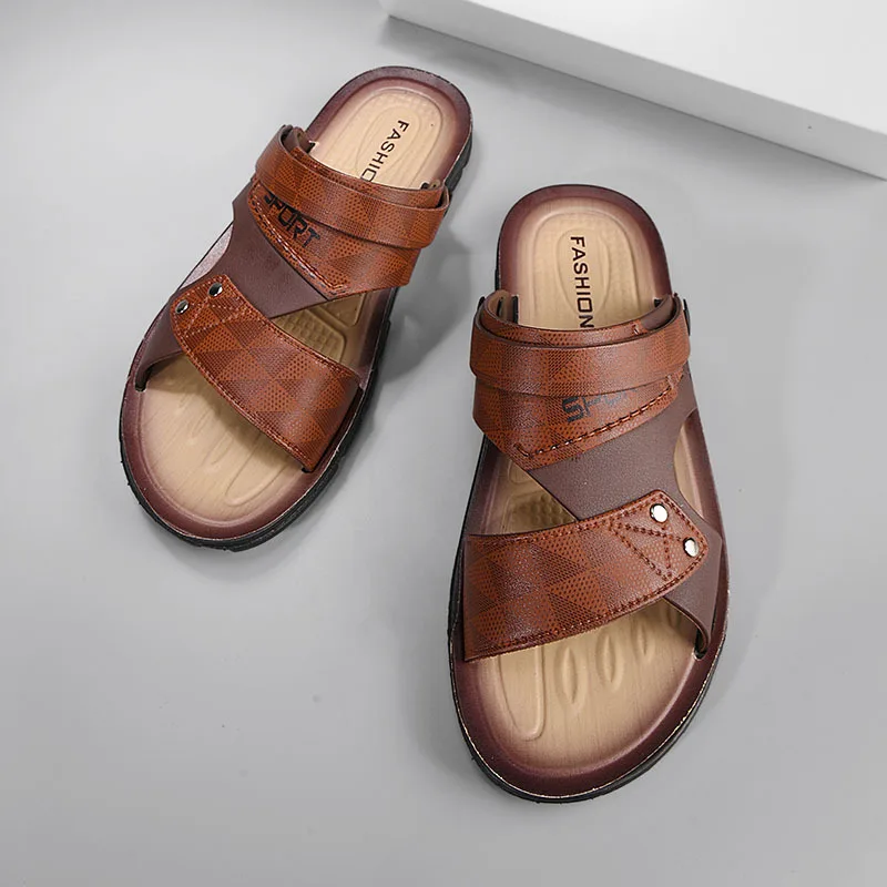Image of Herren-Ledersandalen, Sommer-Mode-Strandschuhe, Trendige Herren-Freizeitschuhe, Offene Zehenpartie Rutschfeste Sandalen, Herrenschuhe