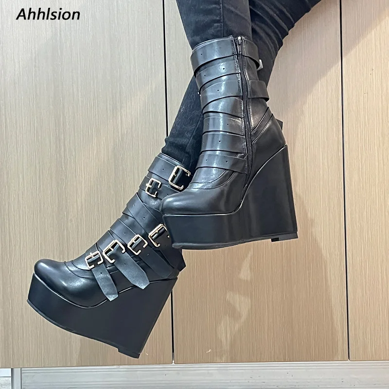 

Ahhlsion Фиолетовые ботинки на танкетке в готическом стиле — Ботильоны на платформе — Женская обувь Artisan с несколькими ремнями, размер 5-20