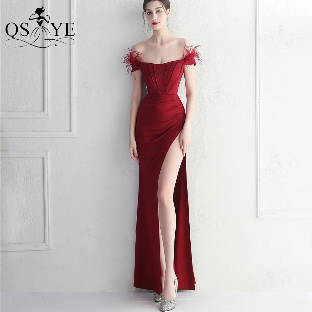 

Ostrich Dark Red Long Prom Dress Off Shoulder Ruched Sexy Split Party Gown Stretch Satin Girl Burgundy Evening Dress Bridesmaid