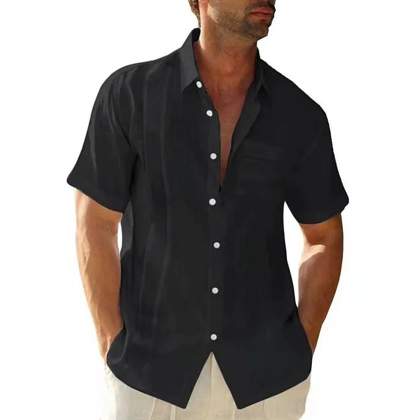 

2026 Summer Men's Top Shirts Lapel Pocket Single-breasted Cardigan Solid Color Cotton Linen Casual Short-sleeve Shirt