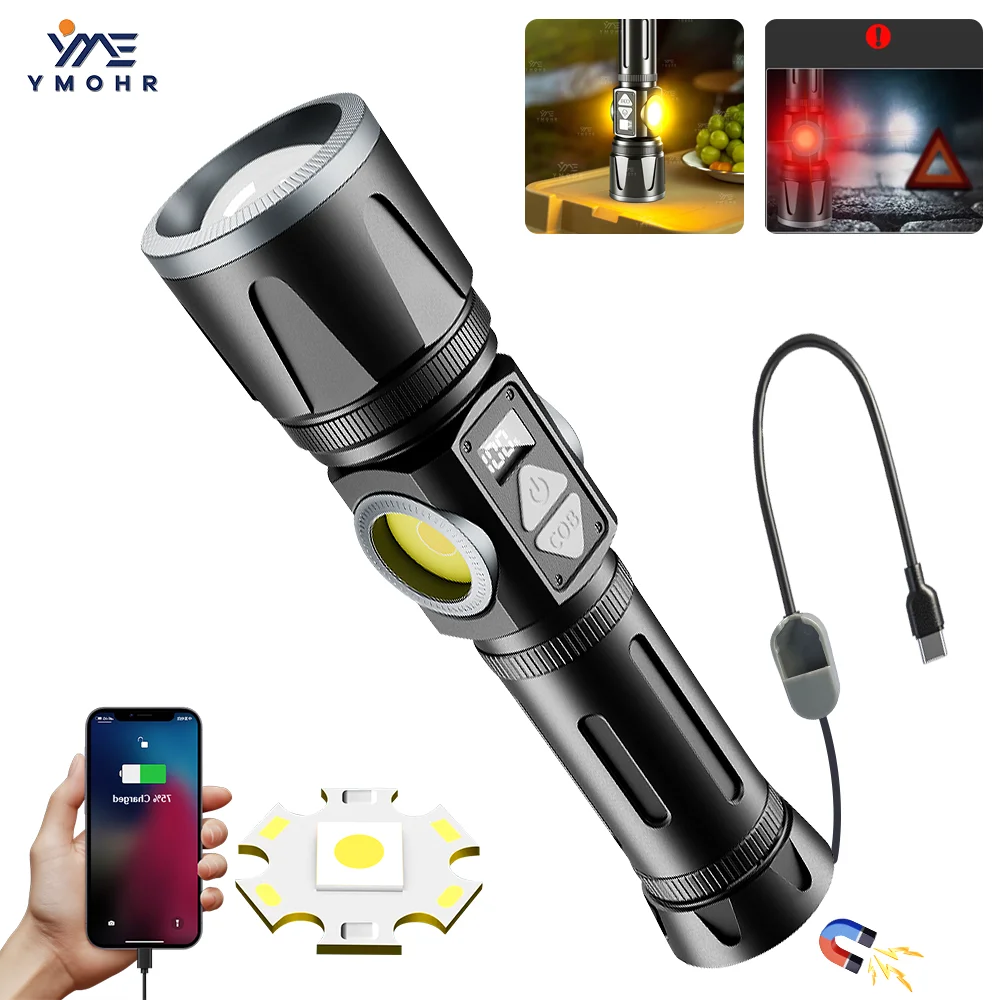 White Laser Flashlight High Power Magnetic USB Rechargeable LED Flashlight Torch Digital Display Flashlights Tactical Power Bank