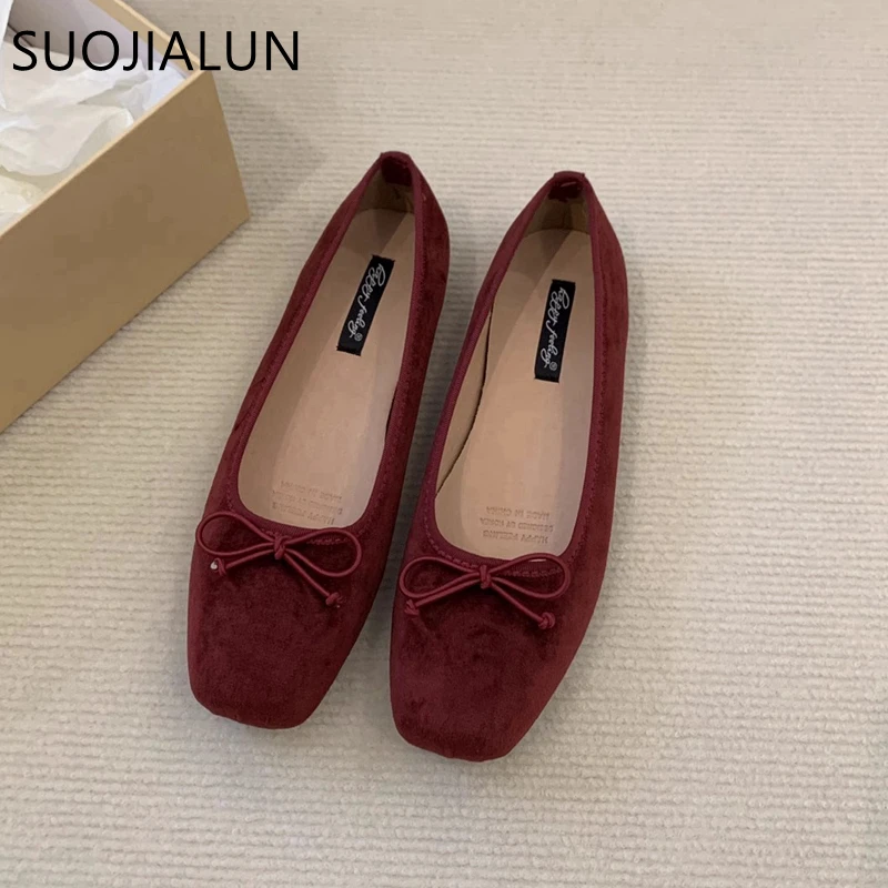 SUOJIALUN 2024 Spring New Women Flat Shoes Fashion Round Toe Shallow Slip On Ballerinas Shoes Soft Flat Heel Casual Ballet Shoes