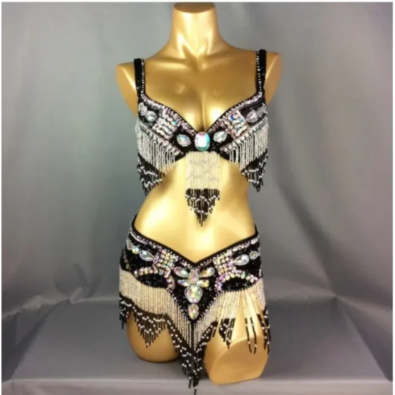 High quality Women's beaded Crystal belly dance costume wear Bar+Belt set sexy female bellydancing costumes 1618