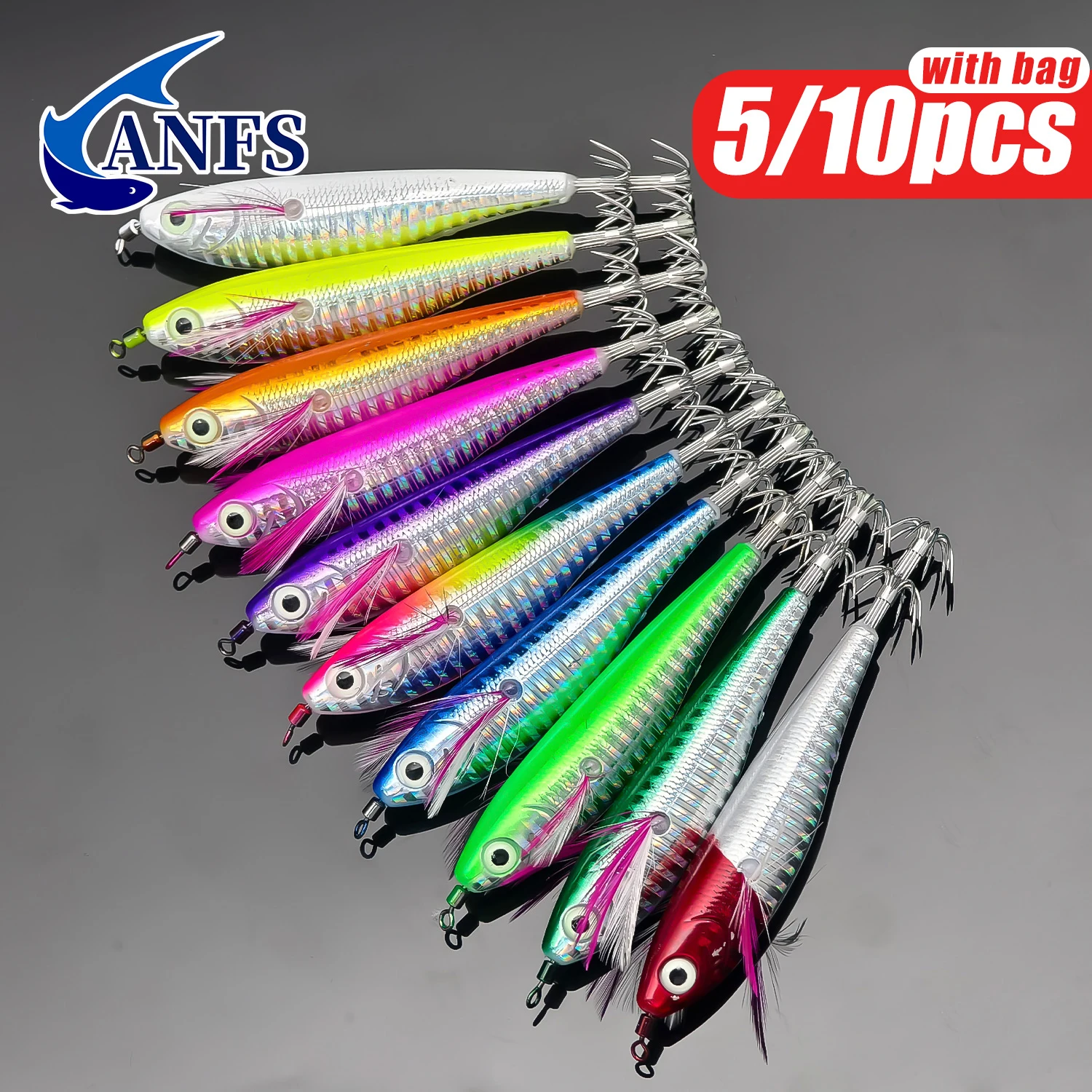 ANFS Señuelos horizontales para camarones, plantilla de calamar, señuelos de gambas para pesca de pulpo y sepia, 5 uds./10 Uds. Con bolsa de almacenamiento