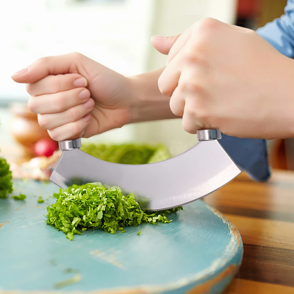 Jaswehome 5.5 Inch Stainless Steel Kitchen Herb chopper Wooden handle Pizza Cutter Fruit Vegetable Salad Chopper Mezzaluna Knife view 2