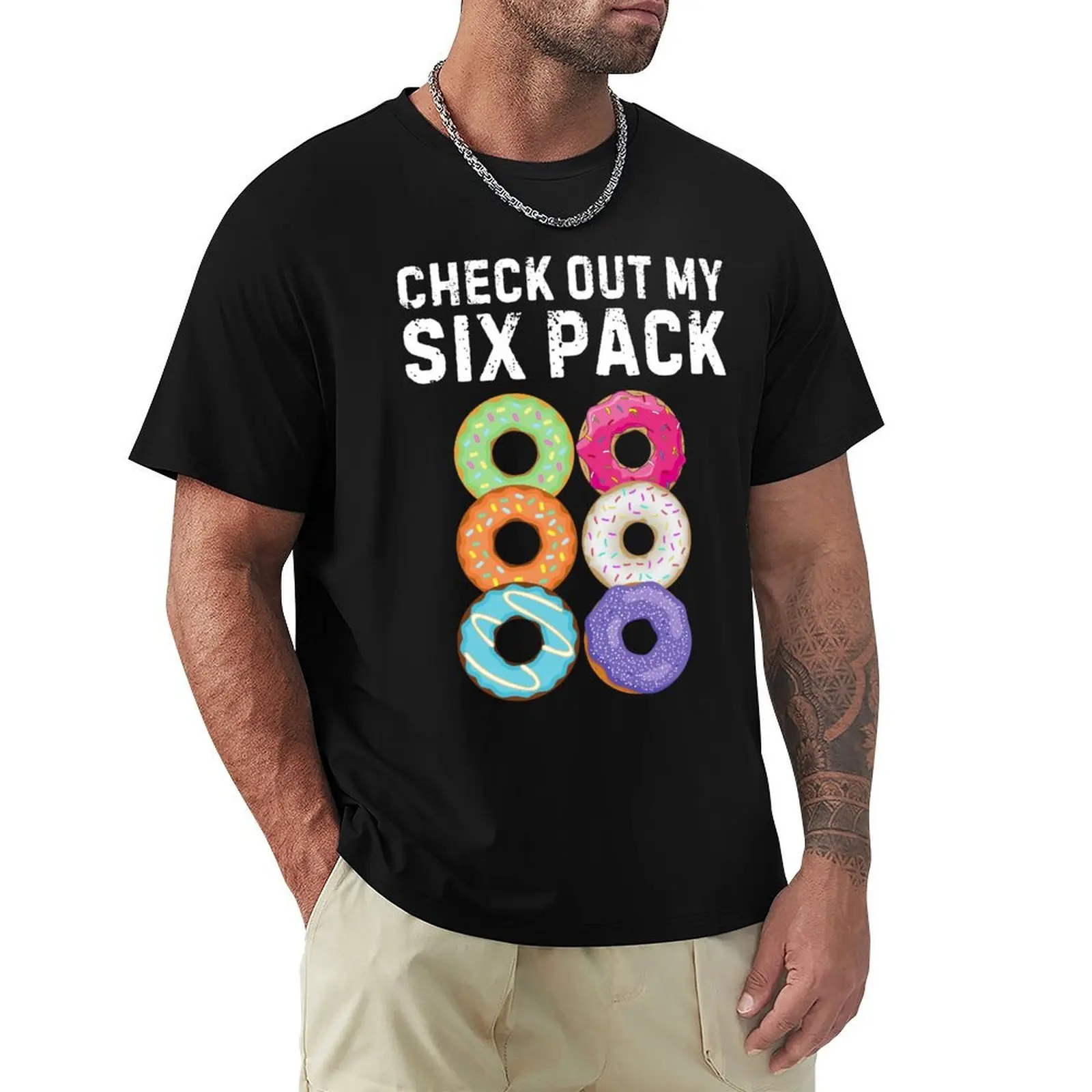 Camiseta divertida de algodón suave de manga corta con estampado de donuts y six pack para amantes del gimnasio