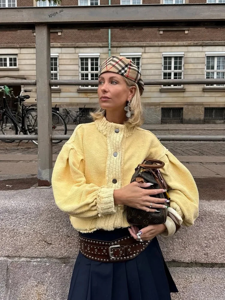 

Women Elegant Yellow Knitted Coat Casual Fashion Single Breasted Pocket Loose Jacket Autumn New Daily Commuting Office Outerwear