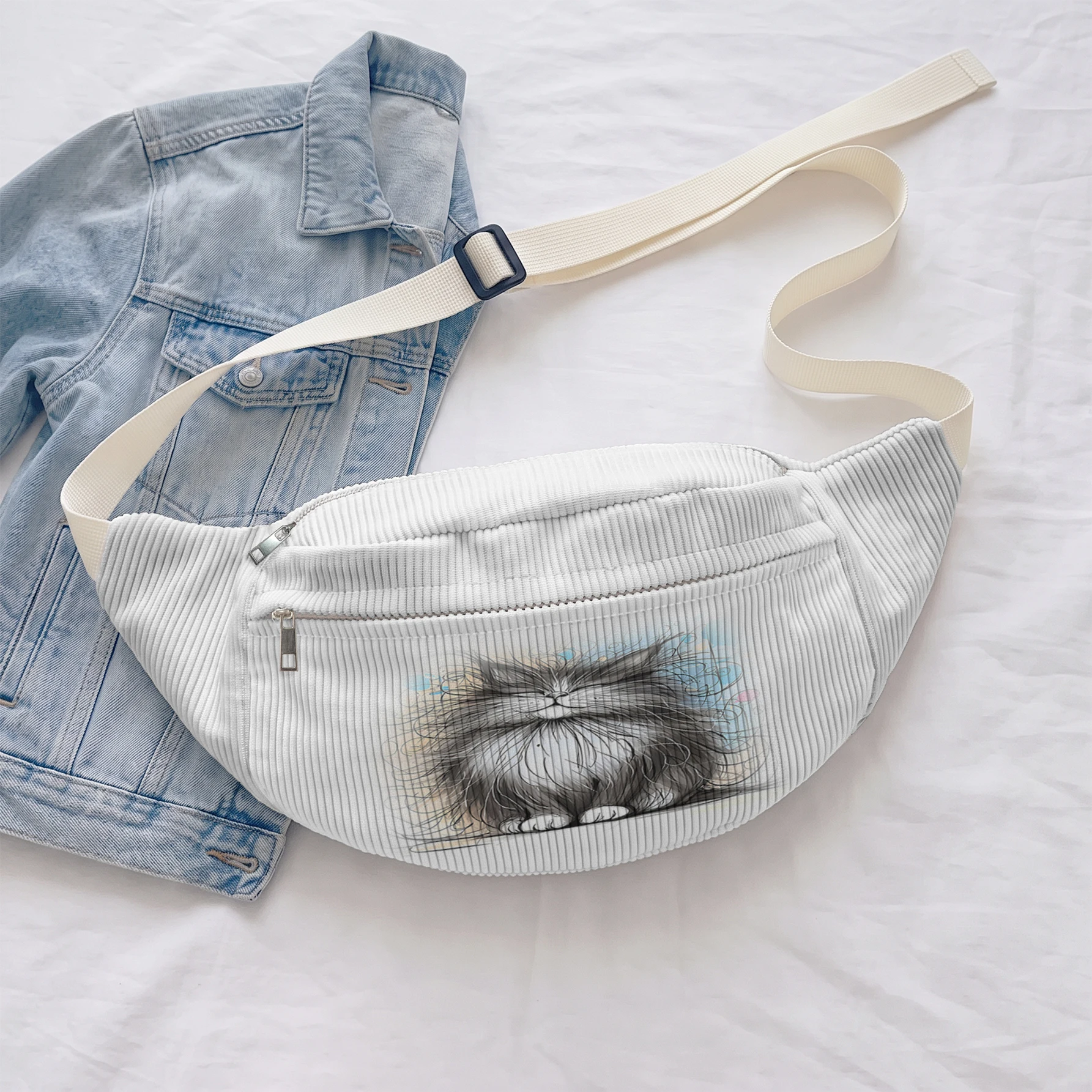 Fluffy Long Hair Cat Print Fanny Pack Adjustable Crossbody Waist Bag For Travel Sports Daily Use