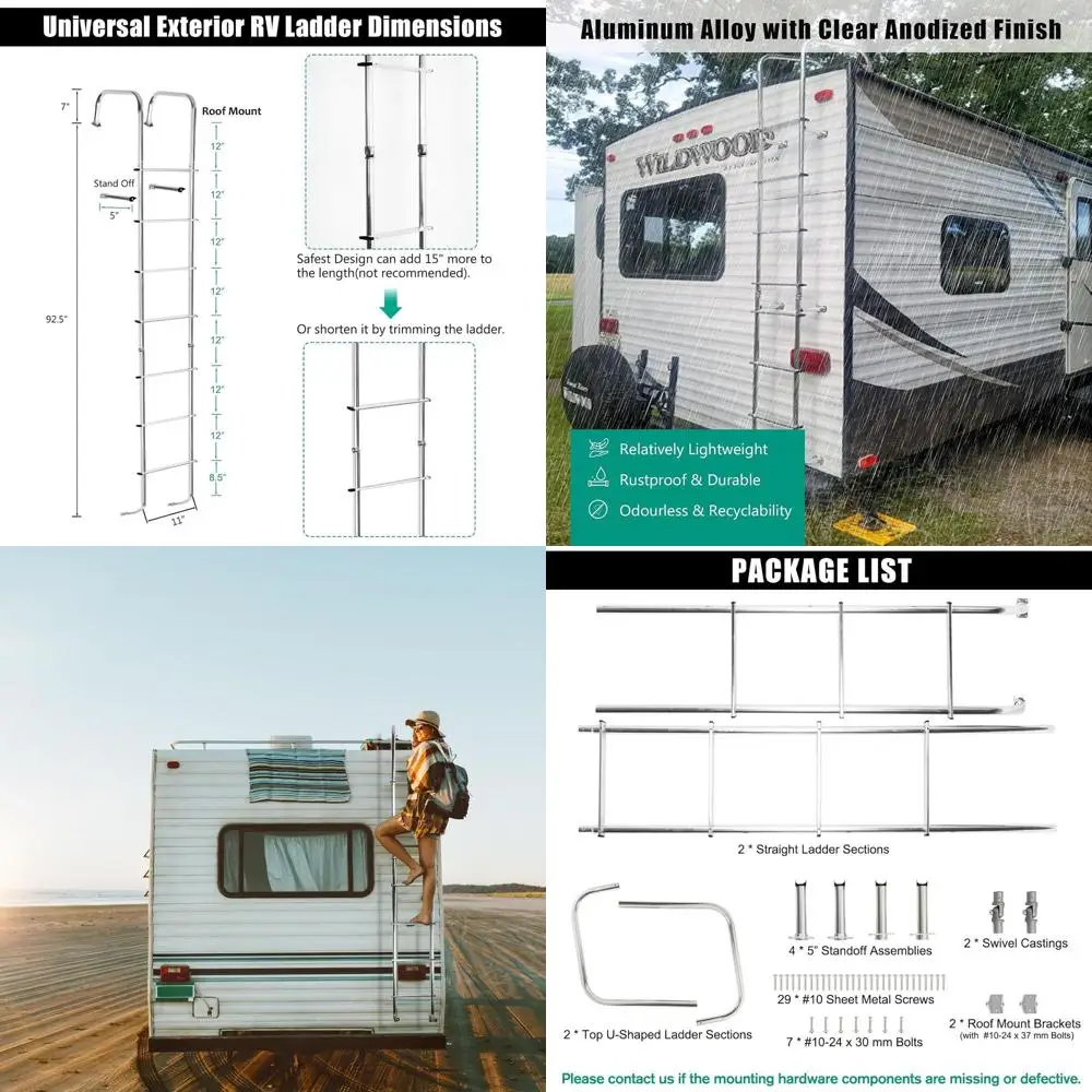 سلم RV من الألومنيوم لمقطورات السفر، 7.6-8.4 قدم، تحميل 250 رطل، لمسة نهائية فضية #1