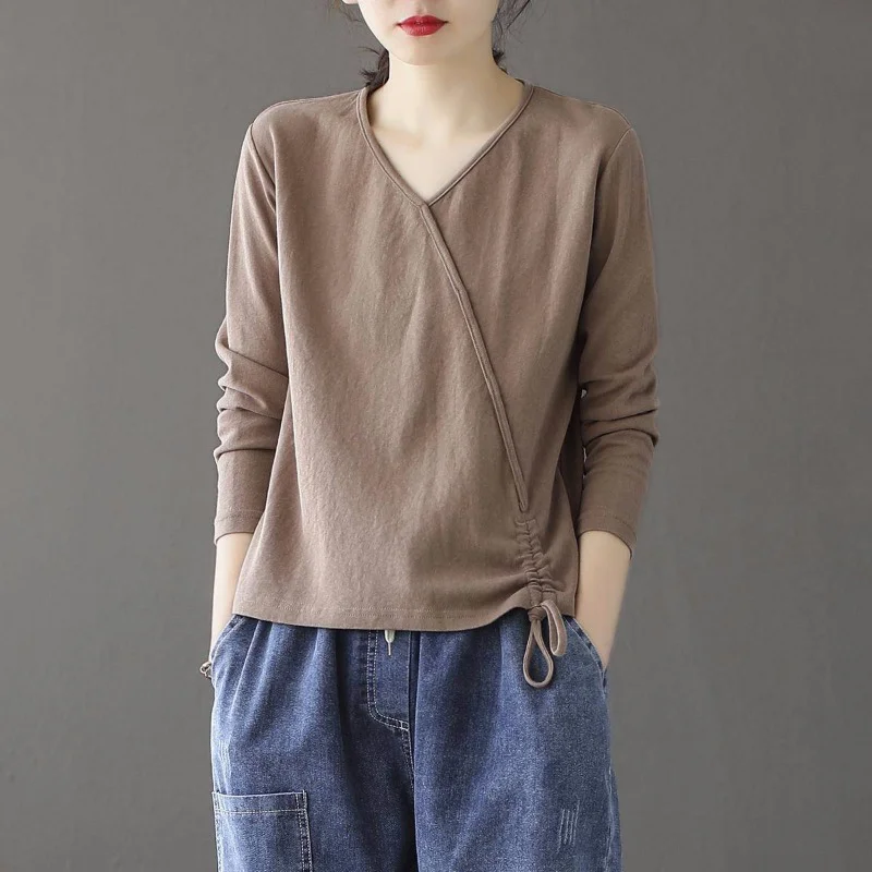 

Women's Long Sleeve V-Neck T-Shirt Drawstring Base Shirt Brand Oversized Cotton Commute Style Loose Fit Autumn Wear