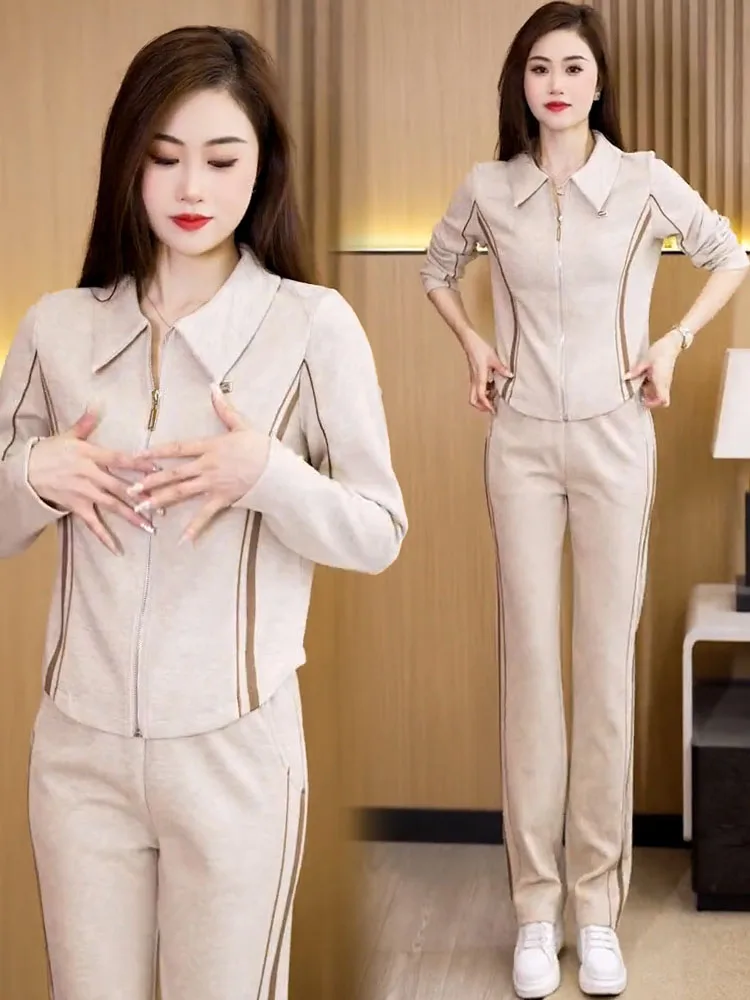 

Casual sportswear set for women in autumn 2025 fashionable stylish thin jacket straight leg wide leg pants two-piece set