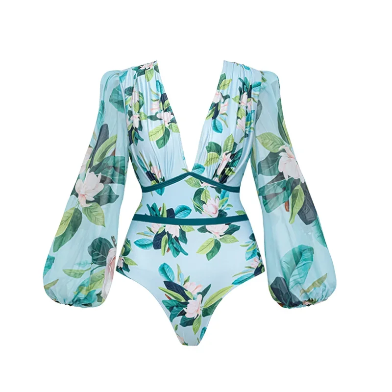 FLAXMAKER Bow Decor Mangnolia Print One Piece Swimsuit Women Beachwear Luxury Bathing Suit