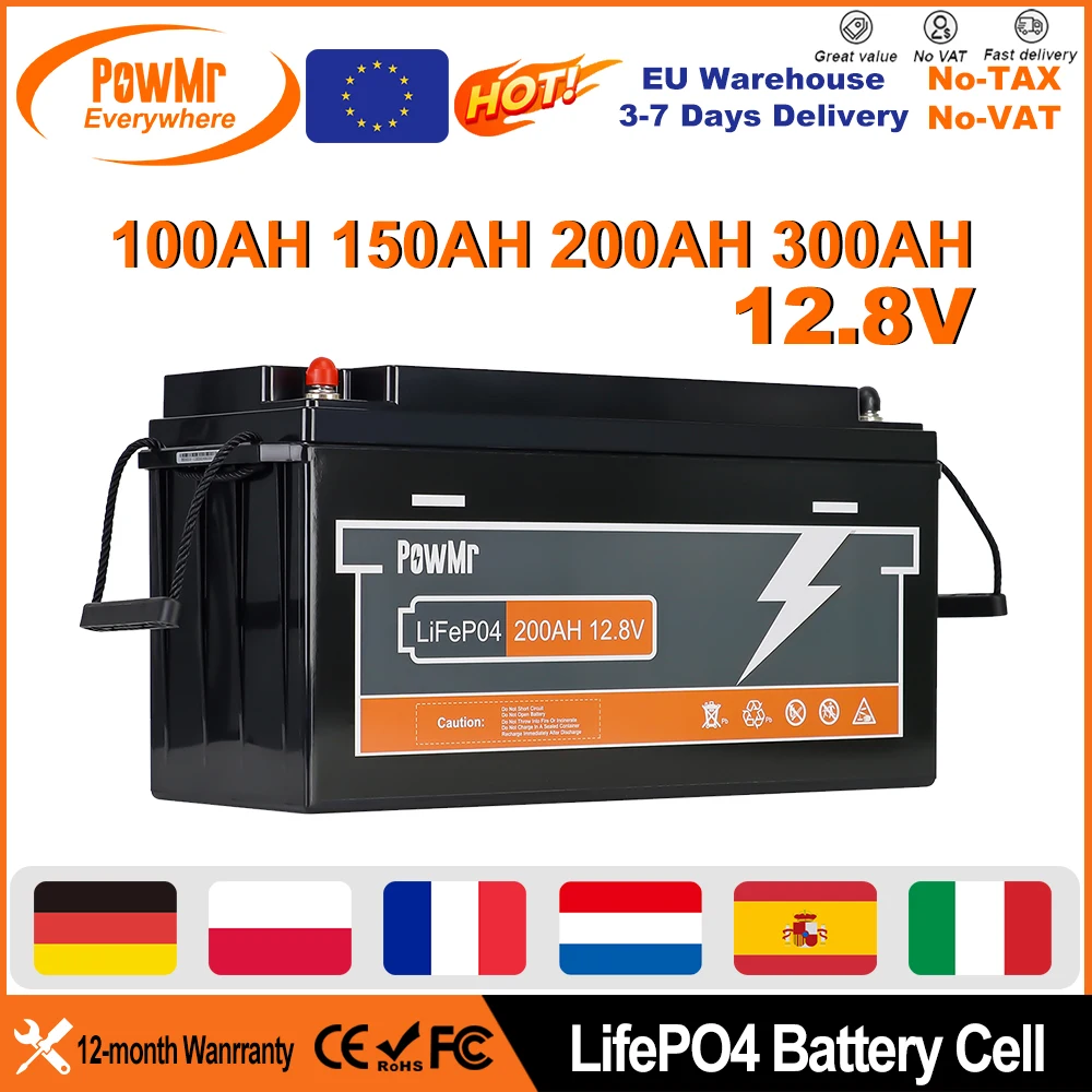 PowMr 100AH 150AH 200AH 300AH 12.8V Lifepo4 Battery Lithium Ion With BMS for RV EV Camping Long Life More Than 4000+ Cycle Time