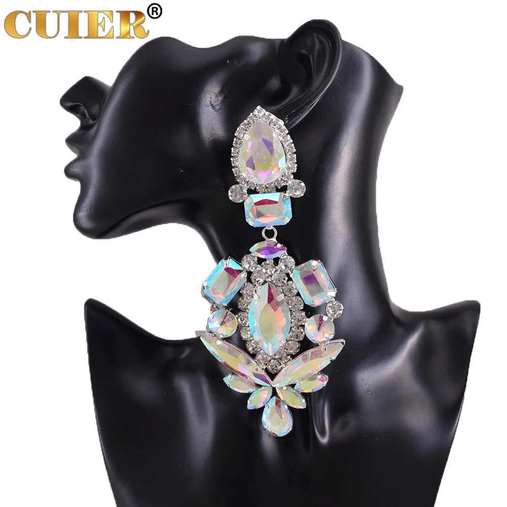 Clip on Huge Size Glass Strass Crystal Dangle Long Earring for Drag Queen Women Wedding Jewelry Heavy Stage Accessories
