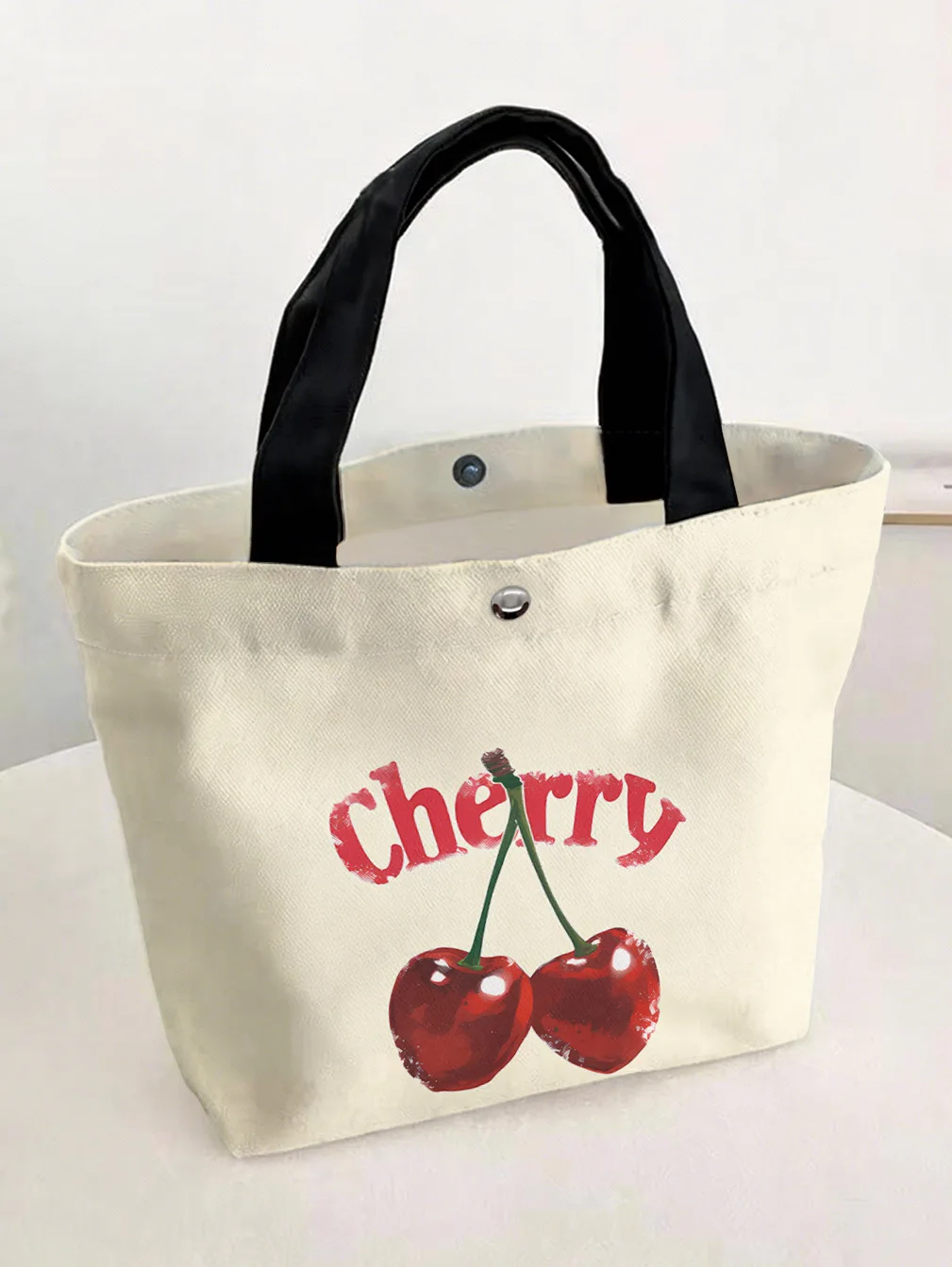 Cherry Letter Print Tote Bag With Snap Button For Shopping Travel Daily Use