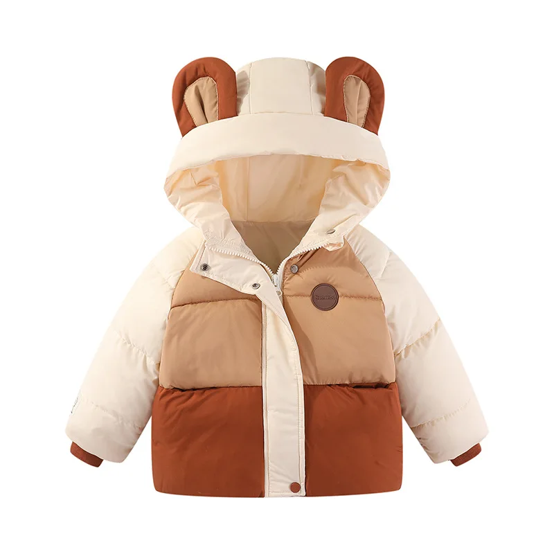 2023 Winter New Boys Jacket Patchwork Thicken Keep Warm Hooded Down Cotton Outwear For 2-6 Years Old Kids