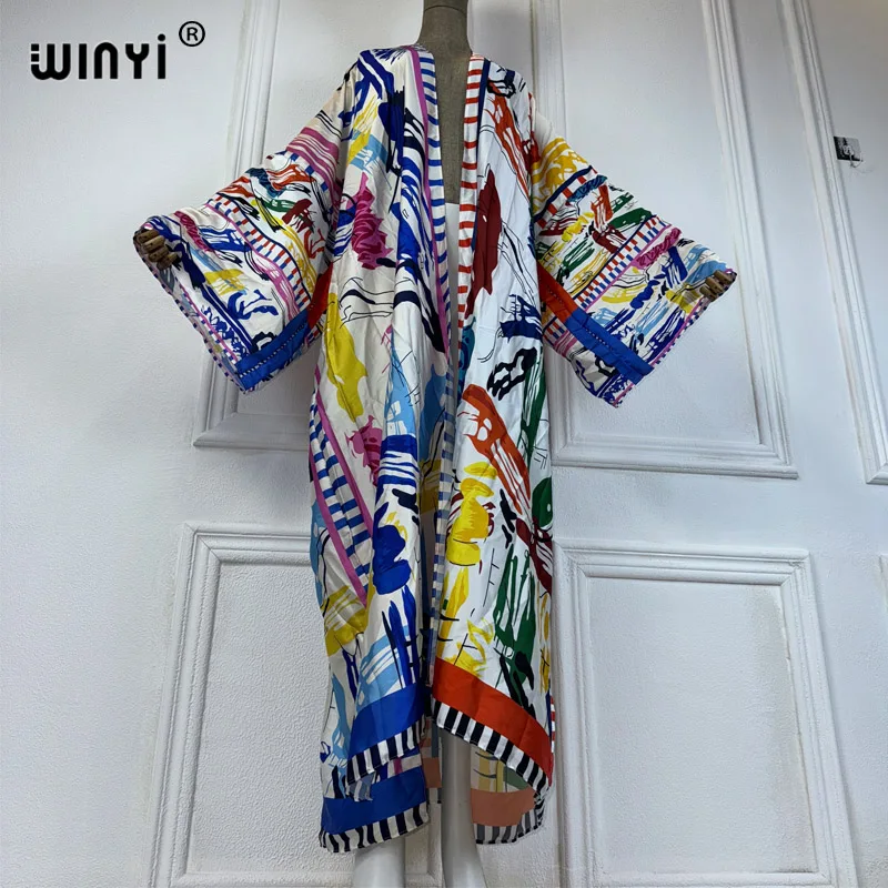 WINYI-kimono veraniego para mujer, ropa de playa, vestido playero, cárdigan bohemio maxi, abayas, caftán con estampado de grafiti, 2024