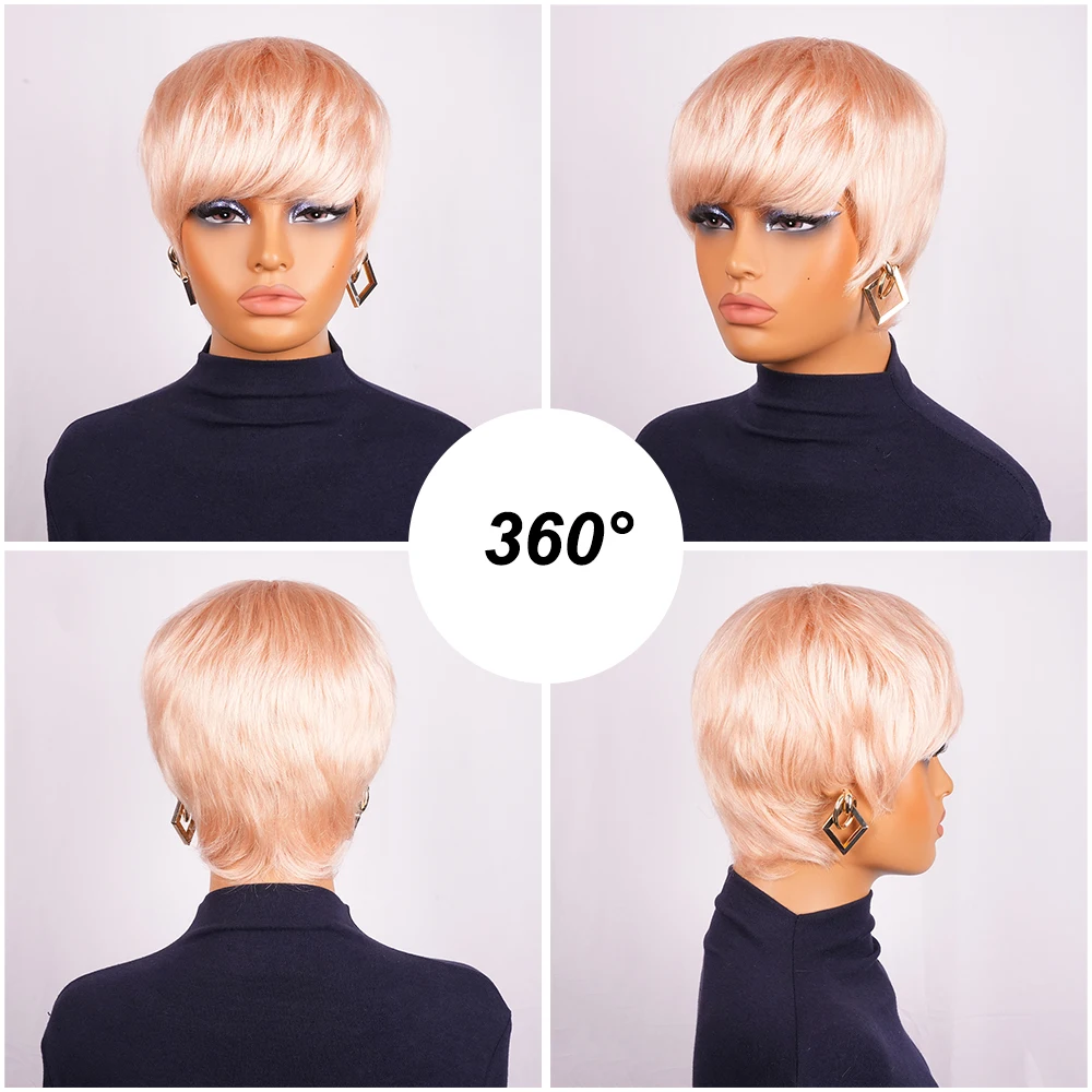 شعر مستعار بقص عابث، شعر بشري قصير وردي اللون مع غرة للنساء، قبعة مصنوعة آليًا، شعر ريمي برازيلي قصير، شعر بشري مفرود