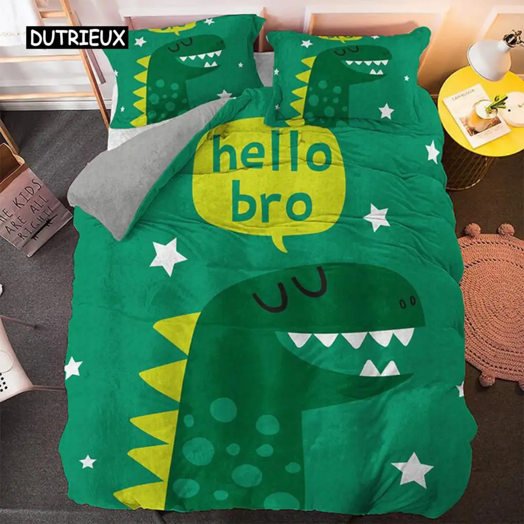 

Cartoon Dinosaur Duvet Cover Set Dinosaur Theme Toddler Twin Bedding Set Microfiber Green Dinosaur Hello Bro King Quilt Cover