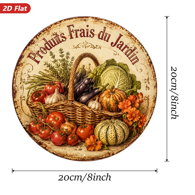 2D Flat, Round Metal Sign Wall Art, Fruits and Vegetables Design, Rustic Style, French Text 