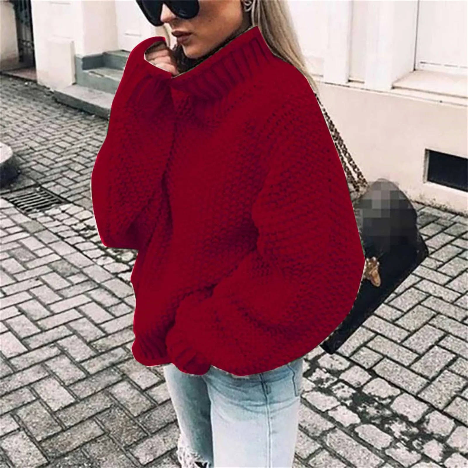 Women\'S Solid Casual Waffle Gingham Stand Collar Long Knitted Sleeve Sweaters Female Shoulder Pullover Winter Keep Warm Blouses