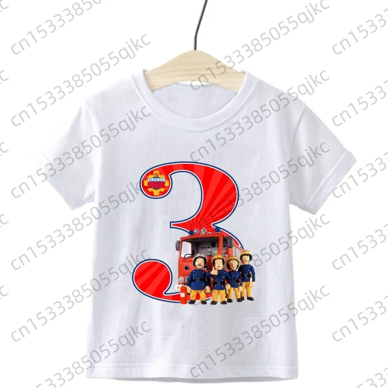 

Kids Fireman Sam Birthday Age Numbers T Shirt Children Firefighter Bday Party Tshirt Boys Girls Casual Tee Tops Outfit