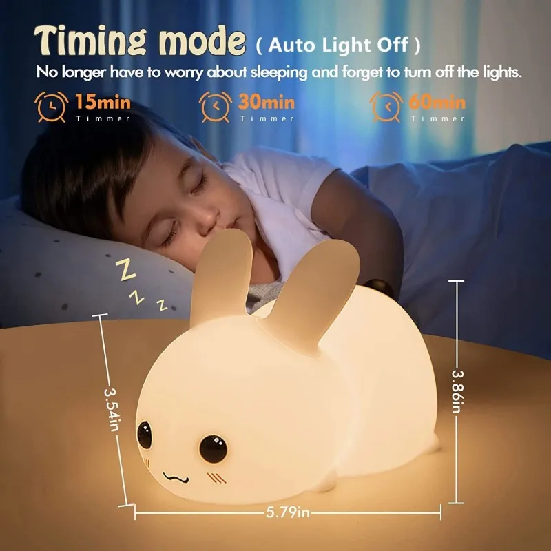 Coelho Controle Remoto LED Night Light para Crianças, Regulável RGB, Recarregável, Silicone Bunny Lamp, Baby Toy, Sensor de Toque, Presente