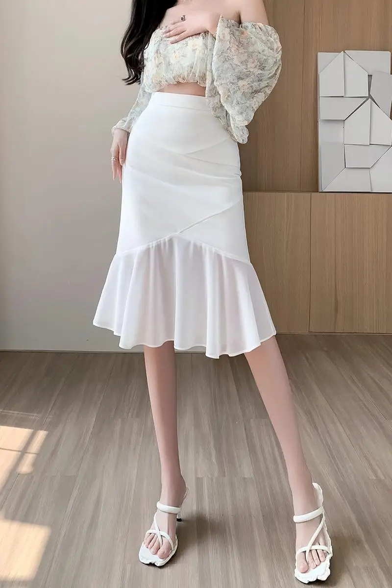 Fishtail Skirt Irregular Half Skirt 2023 Summer New Fashion Versatile Slim Fit Chiffon Splice Wrap Hip Skirt