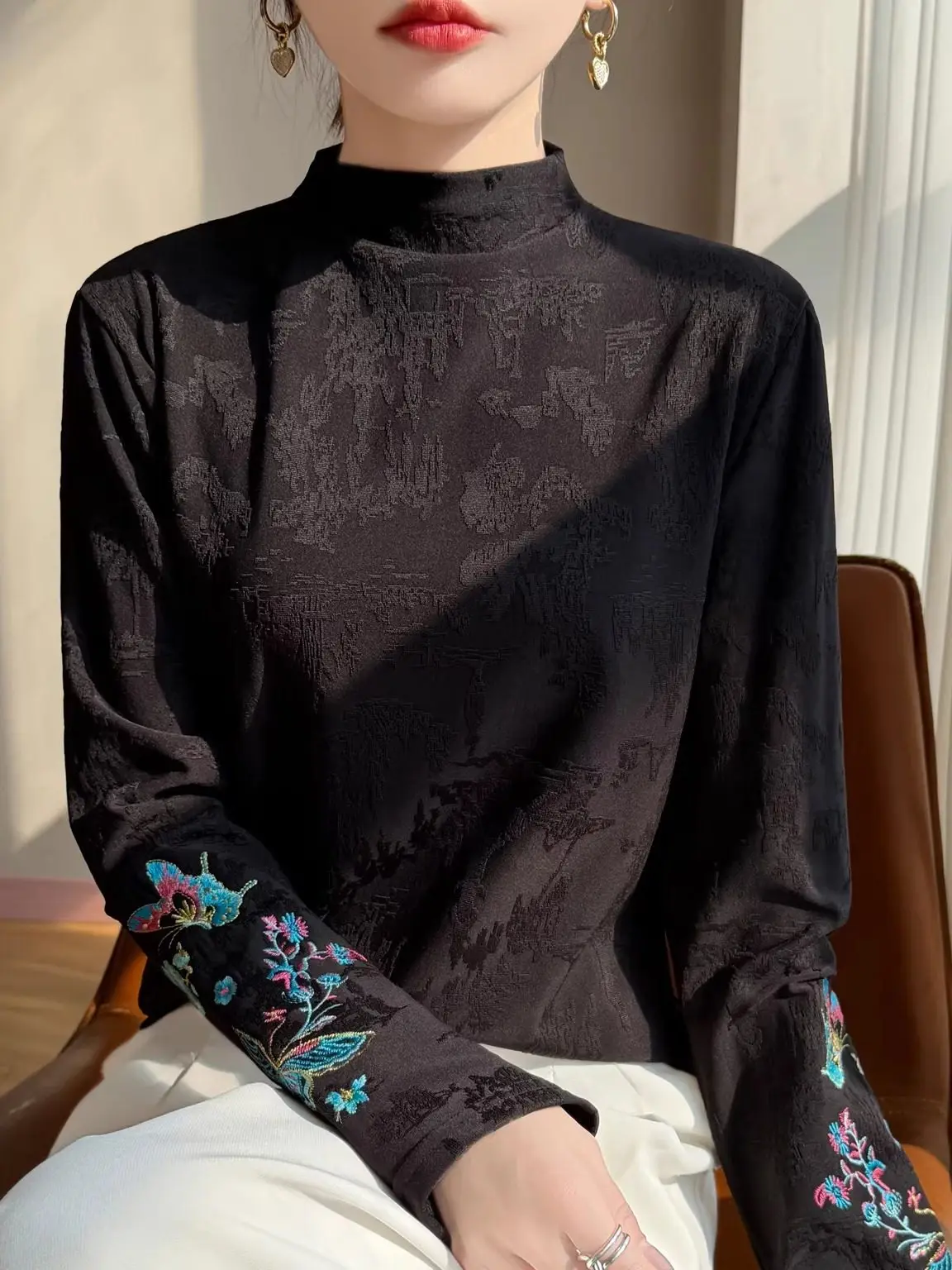 

Осенне-зимняя женская базовая рубашка с вышивкой в национальном стиле, с длинным рукавом, полувысоким воротником, повседневная, в этническом стиле